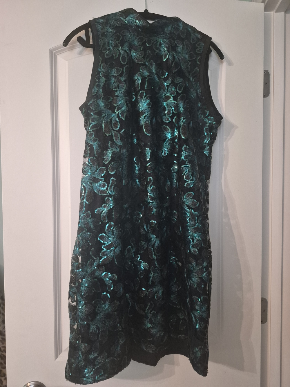 Robbie Bee Black Dress with Teal Floral Jacquard Sheen